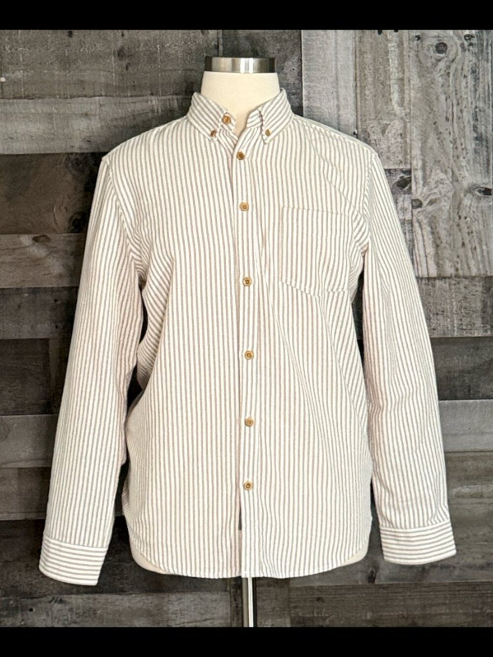 Paul Jones white cream striped button up shirt large neutral linen coastal prep